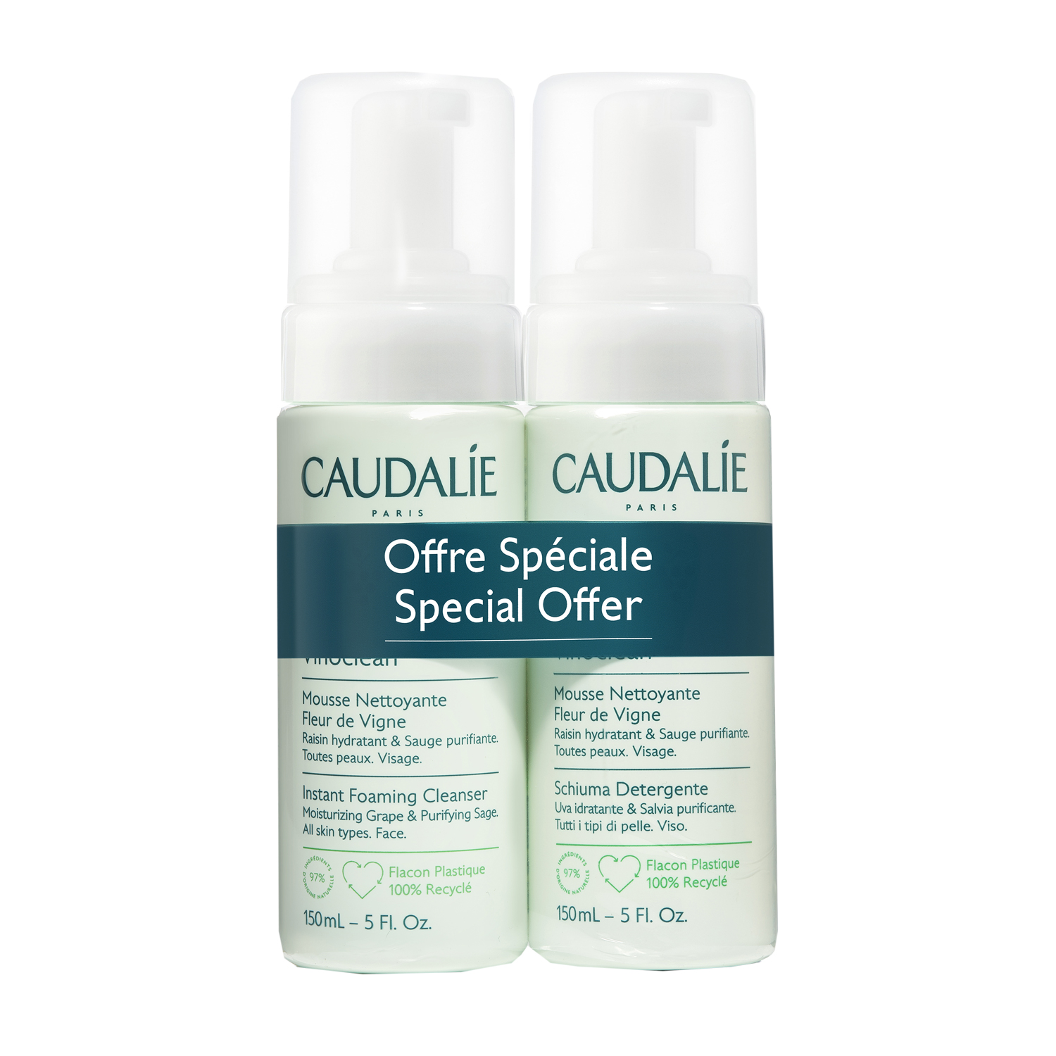1 (62) Caudalie Vinoclean Mousse Nettoyante Fleur de Vigne Lot de 2 x 150ml (-50%) – Image 1