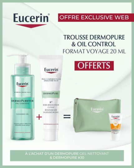 Pack Eucerin DERMOPURE -GEL NETTOYANT 200ML+EUCERIN SOIN RENOVATEUR KUTANÉ K10 DERMOPURE 40ML &  TRUSSE DERMOPURE &OIL CONTROL FORMAT VOYAGE 20ML OFFERTS