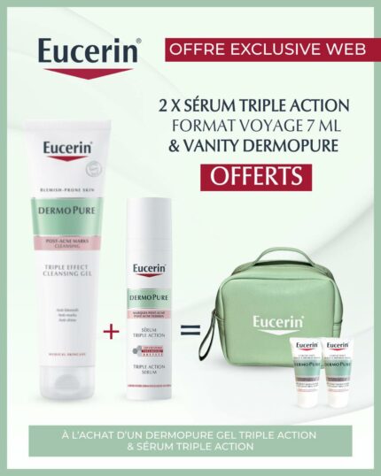Pack EUCERIN - DERMOPURE GEL NETTOYANT TRIPLE ACTION 150ML-DERMOPURE SÉRUM TRIPLE ACTION 40 ML& 2x SERUM TRIPILE ACTION 7ML &TROUSSE OFFERT