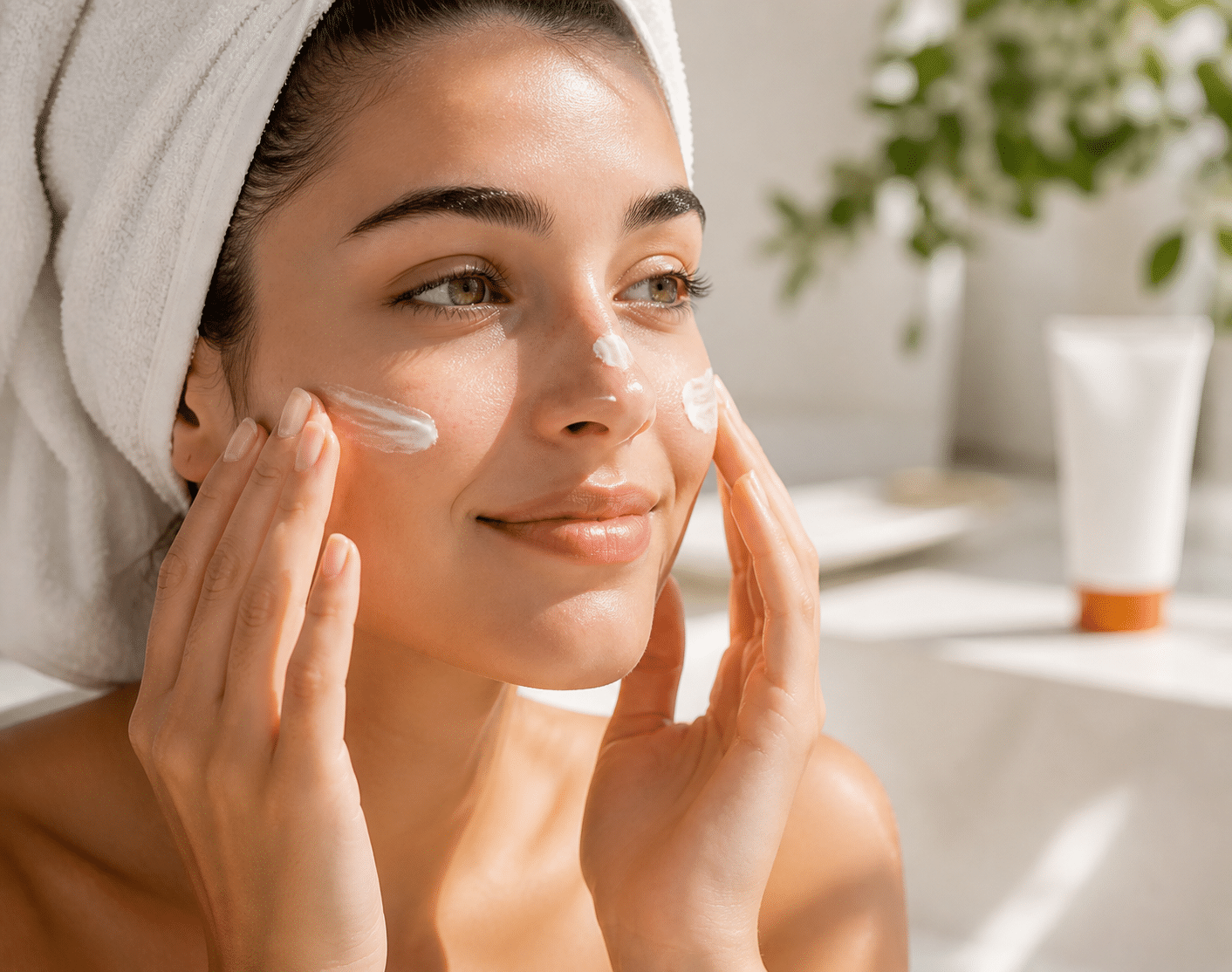 Routine solaire été Tunisie — appliquer écran solaire SPF50+ matin sur visage avant exposition soleil