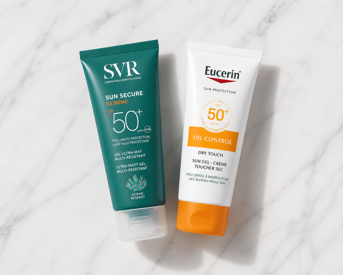 SVR Sun Secure Extrême SPF50+ et Eucerin Oil Control Tunisie — meilleurs écrans solaires gel mat peau grasse acnéique