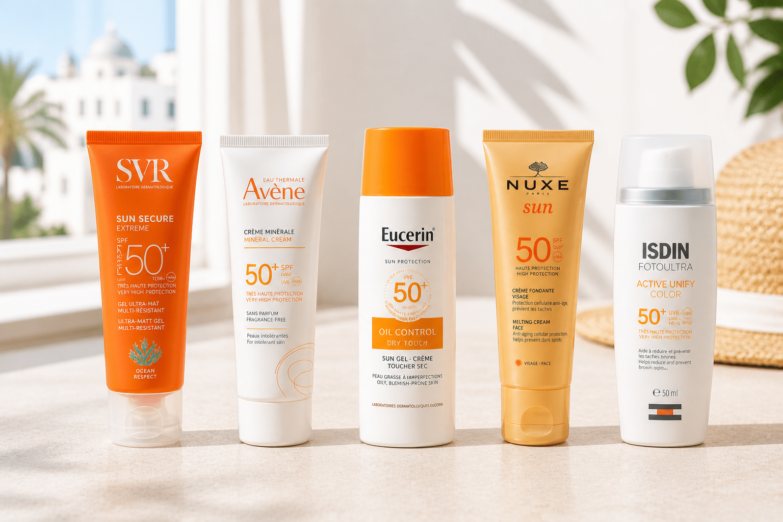 Top 5 écrans solaires SPF50+ Tunisie 2026 — SVR Extrême, Avène Minérale, Eucerin Oil Control, NUXE Sun, ISDIN Fotoultra