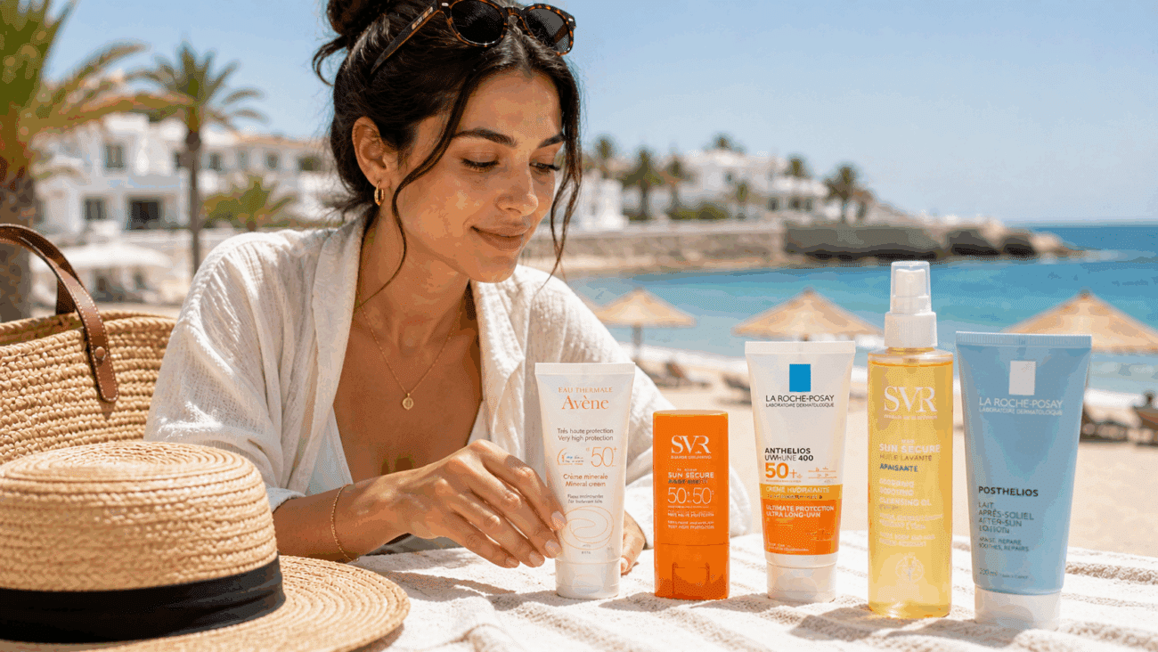 Routine solaire été en Tunisie avec crème SPF50, stick solaire et soin après-soleil