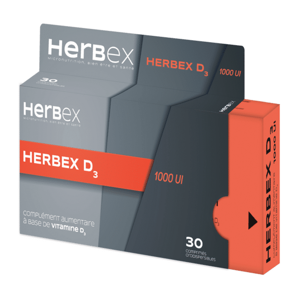 6192491900182 Boîte Herbex Vitamine D3 1000 ui 30 comprimés complément alimentaire en Tunisie