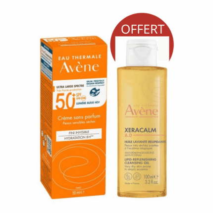 Tube Avène Solaire Crème Invisible + Xeracalm Huile Lavante 100 ml Offerte pour la protection solaire en Tunisie