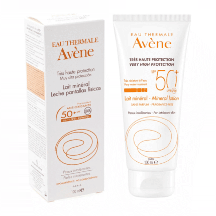Flacon Avène Lait Minérale Avène Eau Thermale SPF 50+ 100ml pour la protection solaire en Tunisie