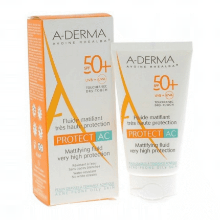 Tube protect fluide matifiant SPF50+ A-Derma 40 ml pour solaire visage peau grasse