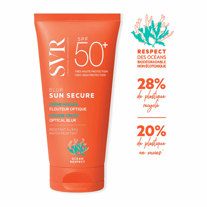 SVR SUN SECURE BLUR SPF50+ crème solaire mousse abricotée 50ml visage peaux sensibles Tunisie