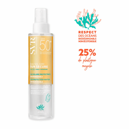 SVR SUN SECURE EAU SOLAIRE SPF50+ eau solaire bi-phase biodégradable 200ml corps visage peaux sensibles Tunisie