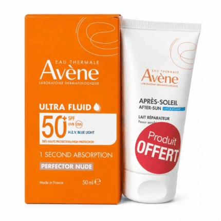 Flacon Avène Ultra Fluid Perfecteur teinte Spf50+ 50ml + Lait après Soleil 50ml Offert pour la protection solaire en Tunisie