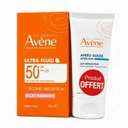 Flacon Avène Ultra Fluide Eclat Radiance Spf50+ 50 ml + Lait Après-Soleil 50 ml Offert pour la protection solaire en Tunisie